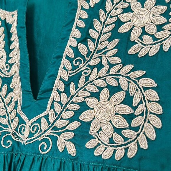 Emerald Green Leaves of Grass Mini Dress with Gold Embroidery - Picture 5 of 9